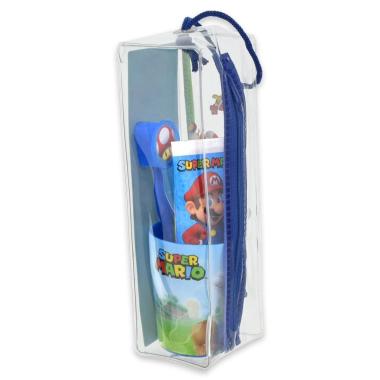 Super mario kit da viaggio spazzolino, dentifricio, bicchiere.