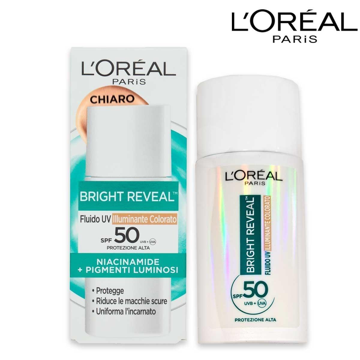 L'oreal bright reveal fluido uv illuminante colorato chiaro spf 50 50ml