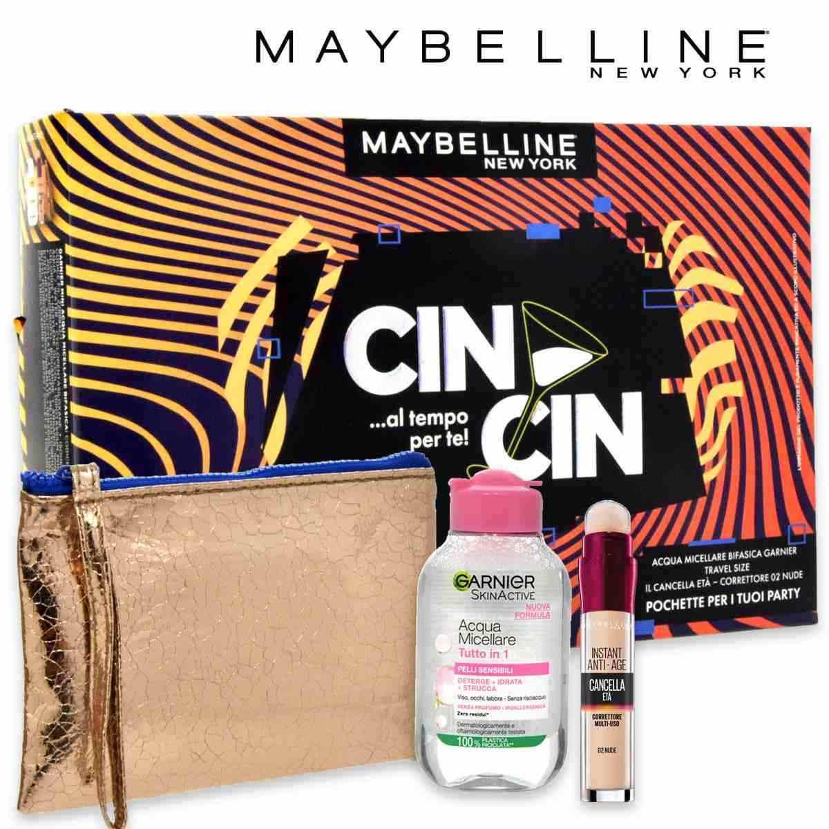 Maybelline cin cin correttore 02 nude + acqua micellare + pochette